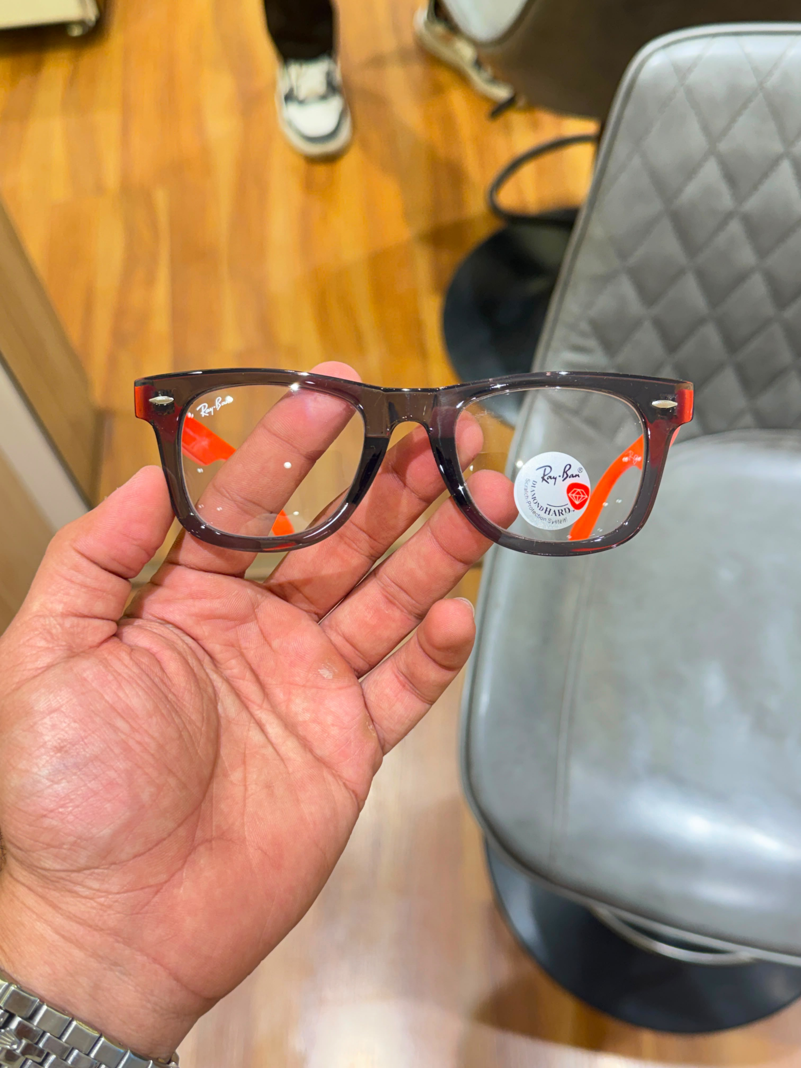 10 Ray-Ban 2140 Grey Orange Plano glasses with clear lenses