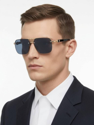 Bvlgari 040 Gold Black Sunglasses with square dark lenses and gold-tone detailing