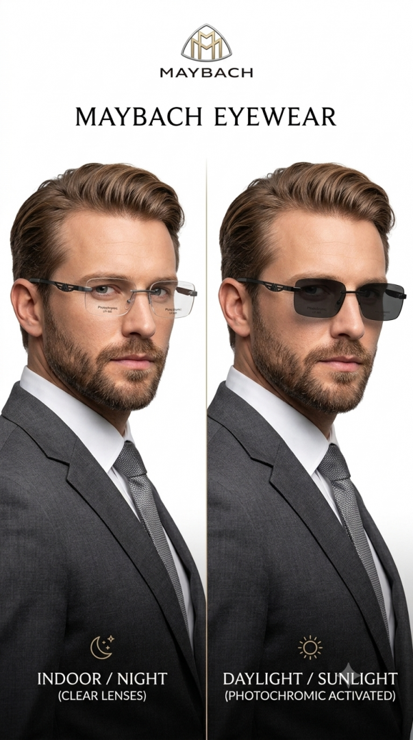 153 Maybach 1062 Black Photochromic Glasses with rimless color-changing lenses