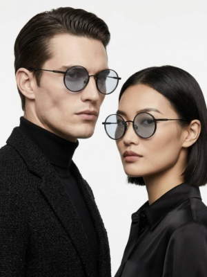 Gucci 001 Black Blue Sunglasses with round blue-tinted lenses and black frame