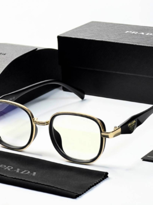 Prada 7382 Gold Plano Glasses with black and gold geometric frame