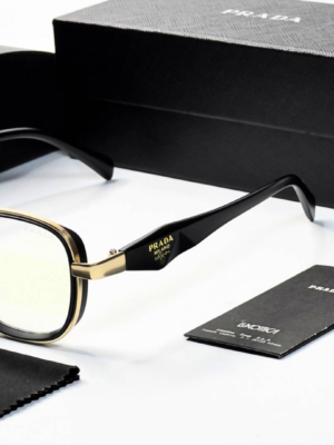 Prada 7382 Gold Plano Glasses with black and gold geometric frame