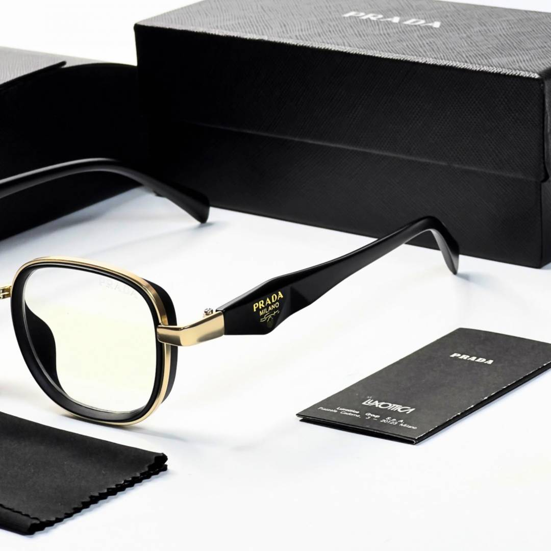 18 Prada 7382 Gold Plano Glasses with black and gold geometric frame