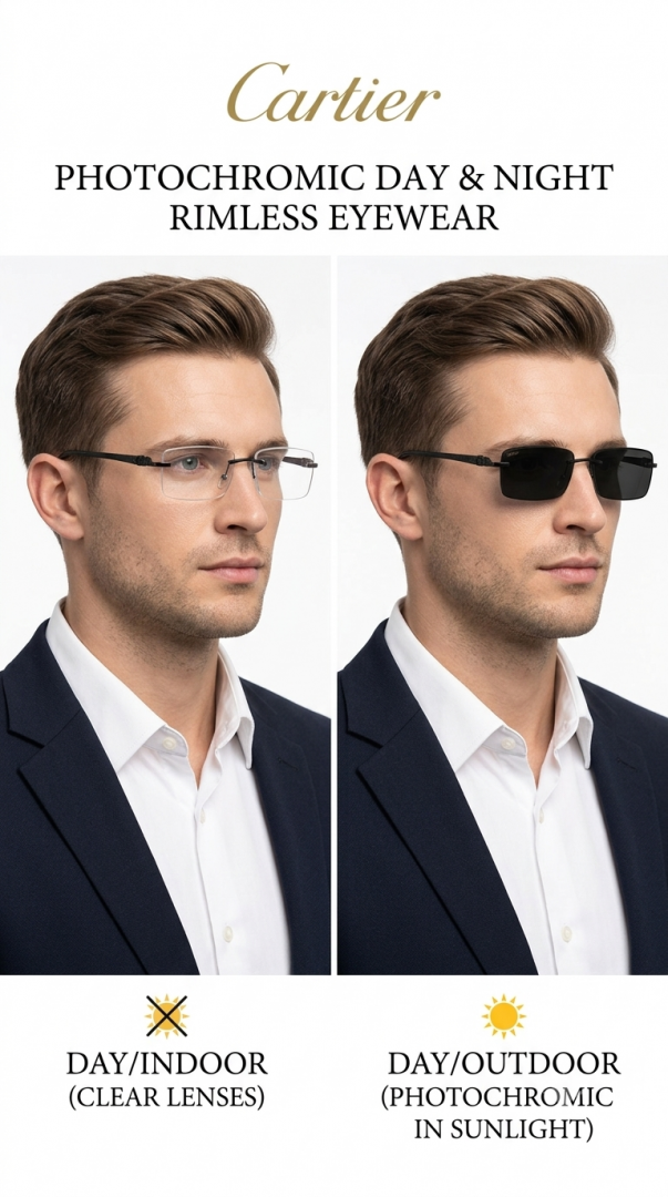 183 Cartier 1027 Black Photochromic Glasses with rimless rectangular color-changing lenses