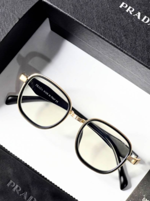 Prada 7382 Gold Plano Glasses with black and gold geometric frame