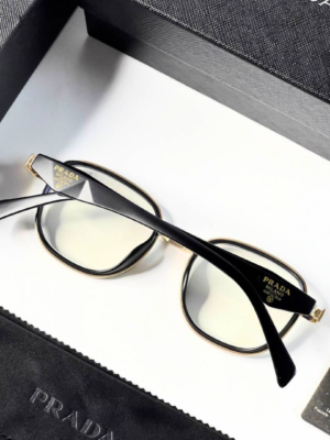Prada 7382 Gold Plano Glasses with black and gold geometric frame