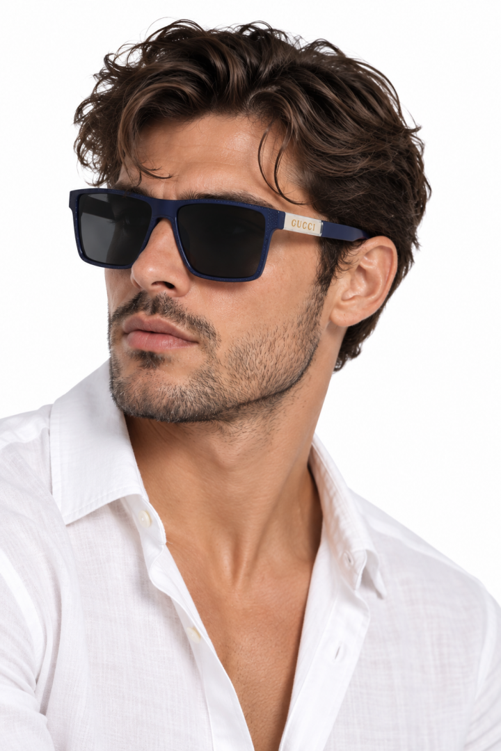 206 Gucci 2203 Blue Black Sunglasses with dark rectangular lenses and textured frame