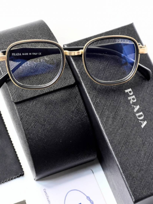 Prada 7382 Gold Plano Glasses with black and gold geometric frame