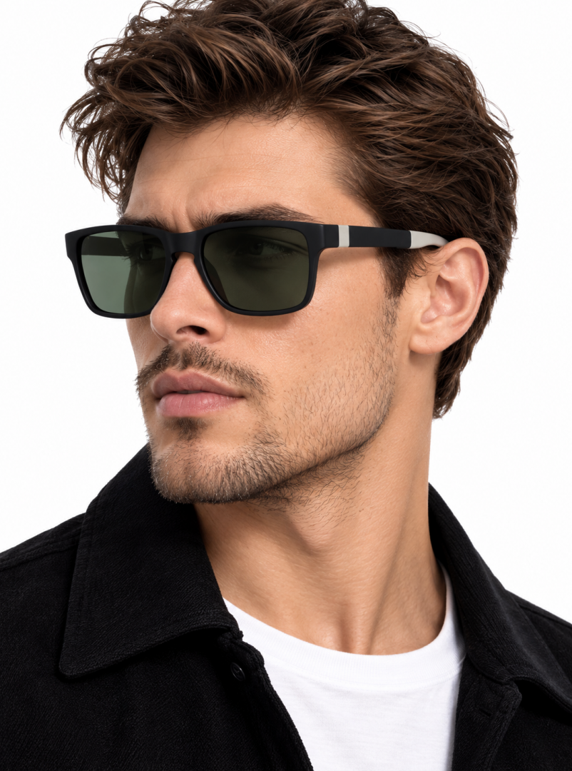 212 Porsche Design 004 Black Green Sunglasses with rectangular frame and green lenses