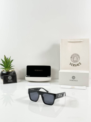 Versace 4430 Shine Black White Sunglasses with dark lenses and oversized square frame