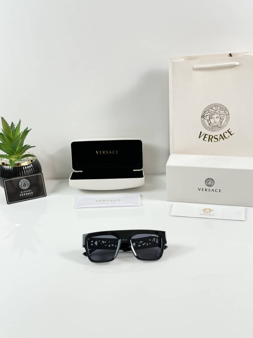 215 Versace 4430 Shine Black White Sunglasses with dark lenses and oversized square frame