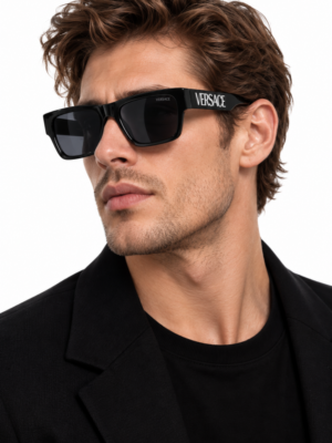Versace 4430 Shine Black White Sunglasses with dark lenses and oversized square frame