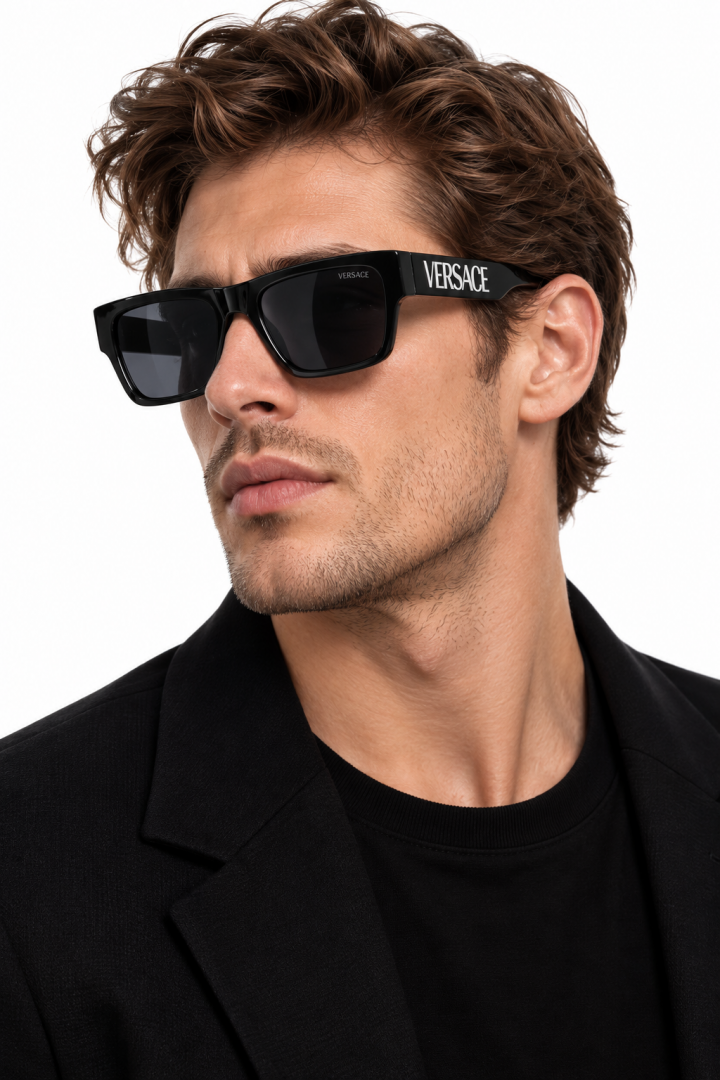 218 Versace 4430 Shine Black White Sunglasses with dark lenses and oversized square frame