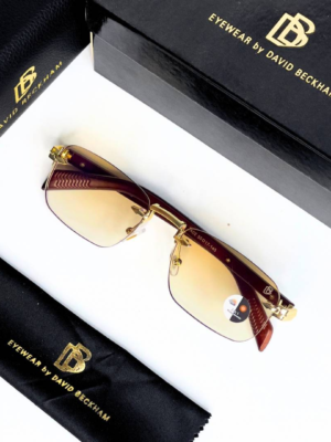 David Beckham 202 Gold Brown Sunglasses with rimless rectangular lenses