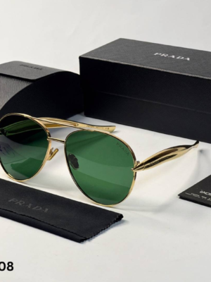 Prada 25008 Gold Green Sunglasses with aviator-style gold frame and green lenses