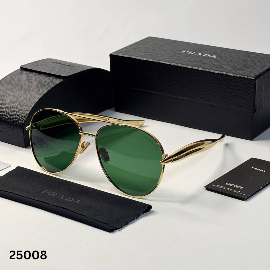 61 Prada 25008 Gold Green Sunglasses with aviator-style gold frame and green lenses