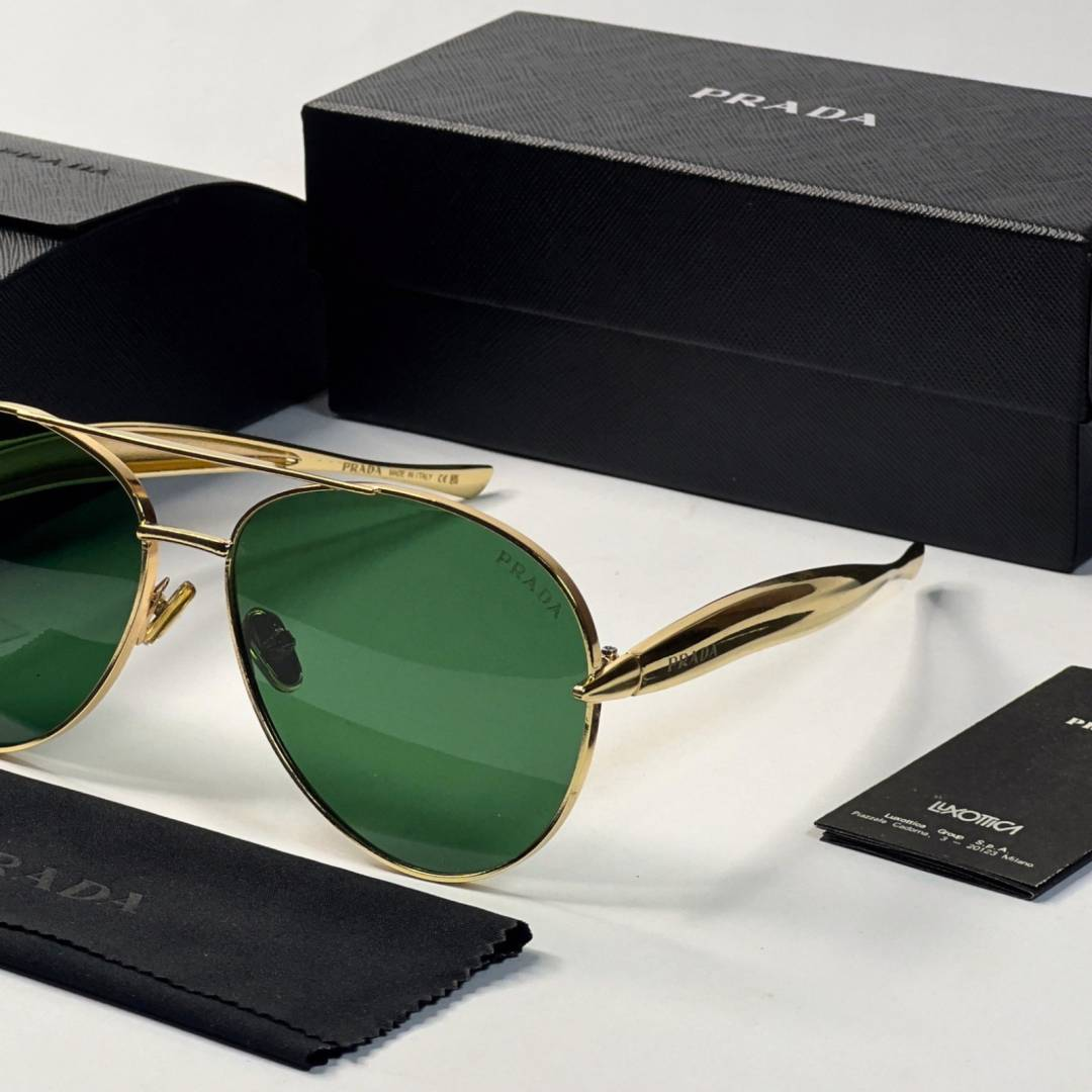 62 Prada 25008 Gold Green Sunglasses with aviator-style gold frame and green lenses