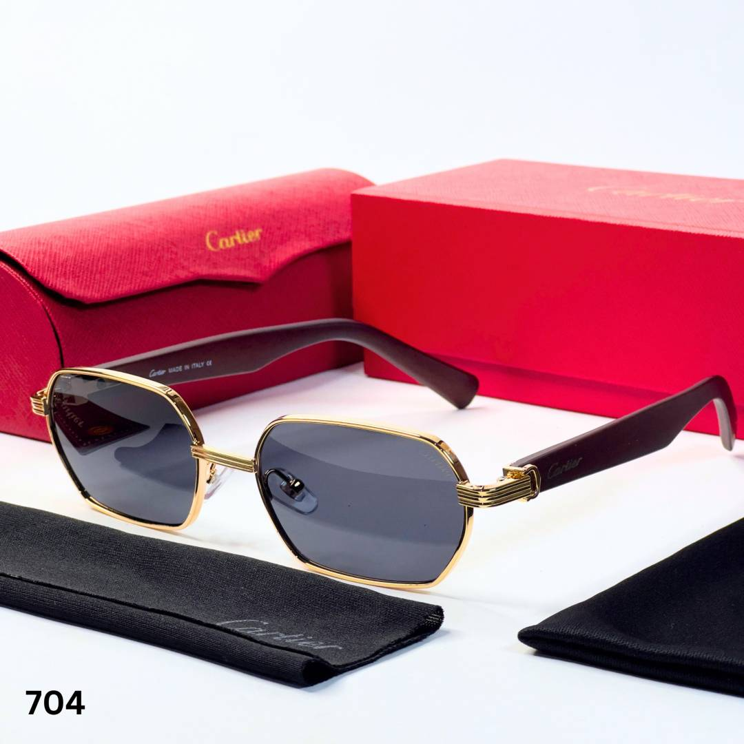 76 Cartier 704 Gold Black Sunglasses with geometric dark lenses and gold-tone frame
