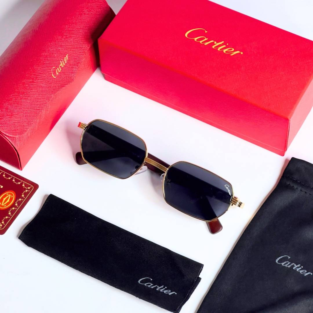 80 Cartier 704 Gold Black Sunglasses with geometric dark lenses and gold-tone frame