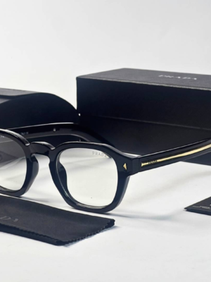 Prada 331 Black Gold Plano Glasses with square black frame and clear lenses