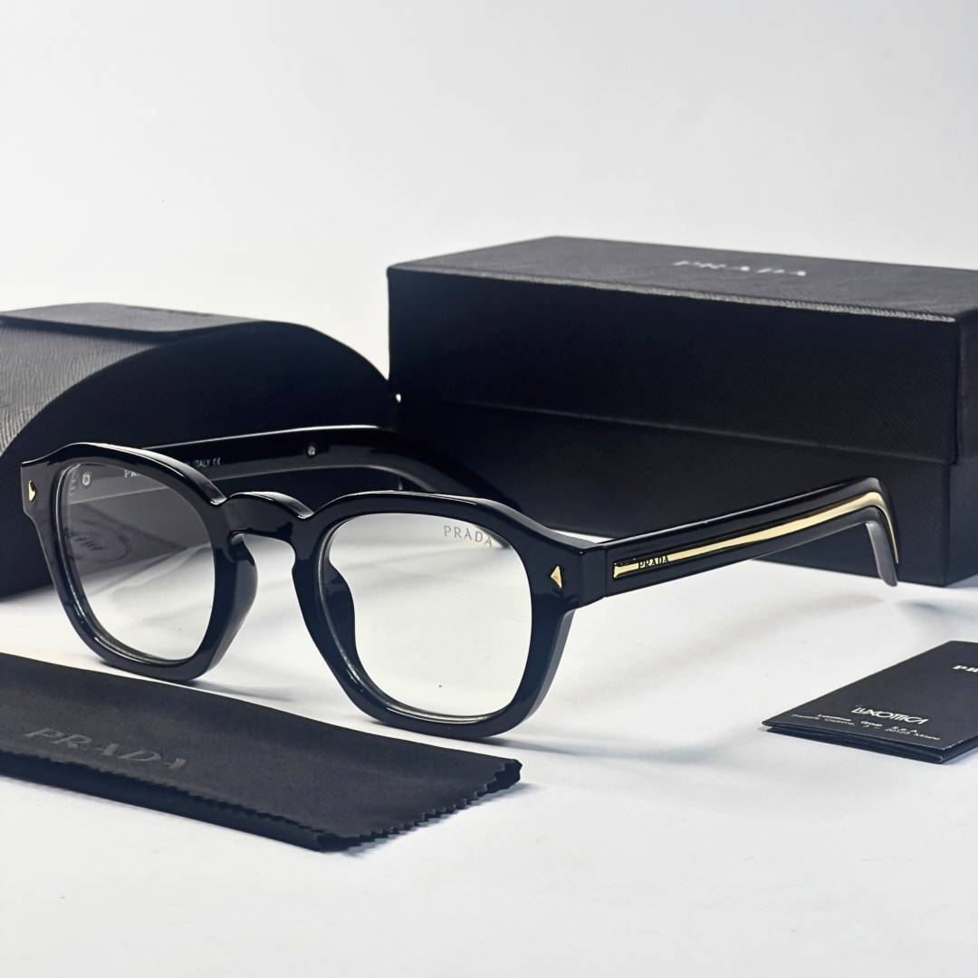 81 Prada 331 Black Gold Plano Glasses with square black frame and clear lenses