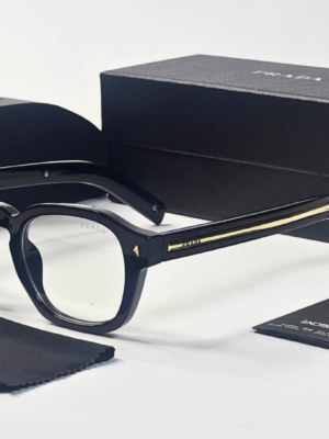 Prada 331 Black Gold Plano Glasses with square black frame and clear lenses