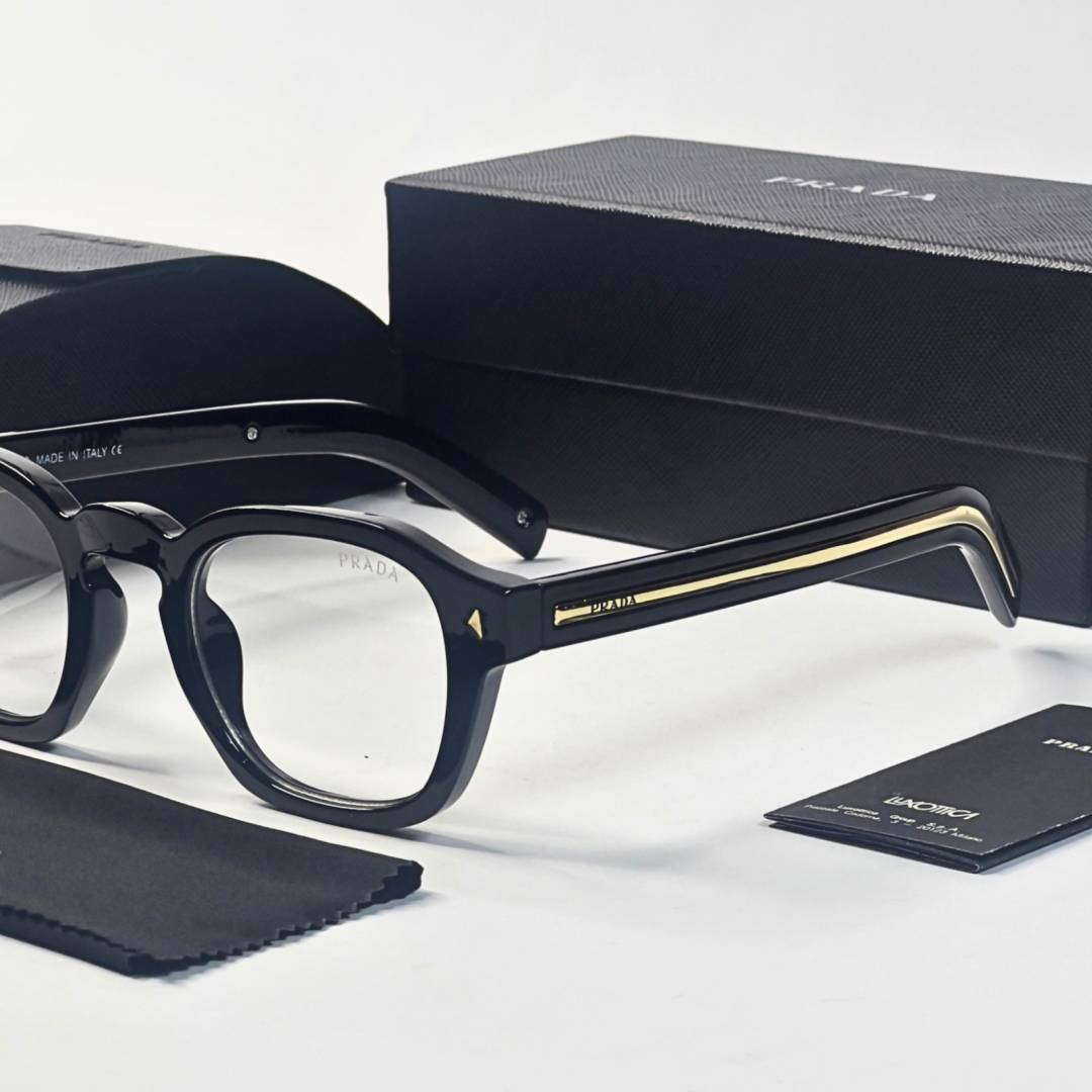 82 Prada 331 Black Gold Plano Glasses with square black frame and clear lenses