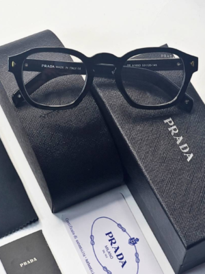 Prada 331 Black Gold Plano Glasses with square black frame and clear lenses