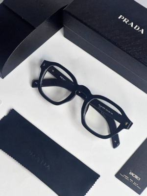 Prada 331 Black Gold Plano Glasses with square black frame and clear lenses