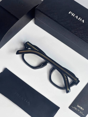 Prada 331 Black Gold Plano Glasses with square black frame and clear lenses
