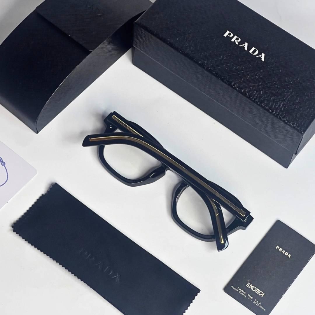 85 Prada 331 Black Gold Plano Glasses with square black frame and clear lenses