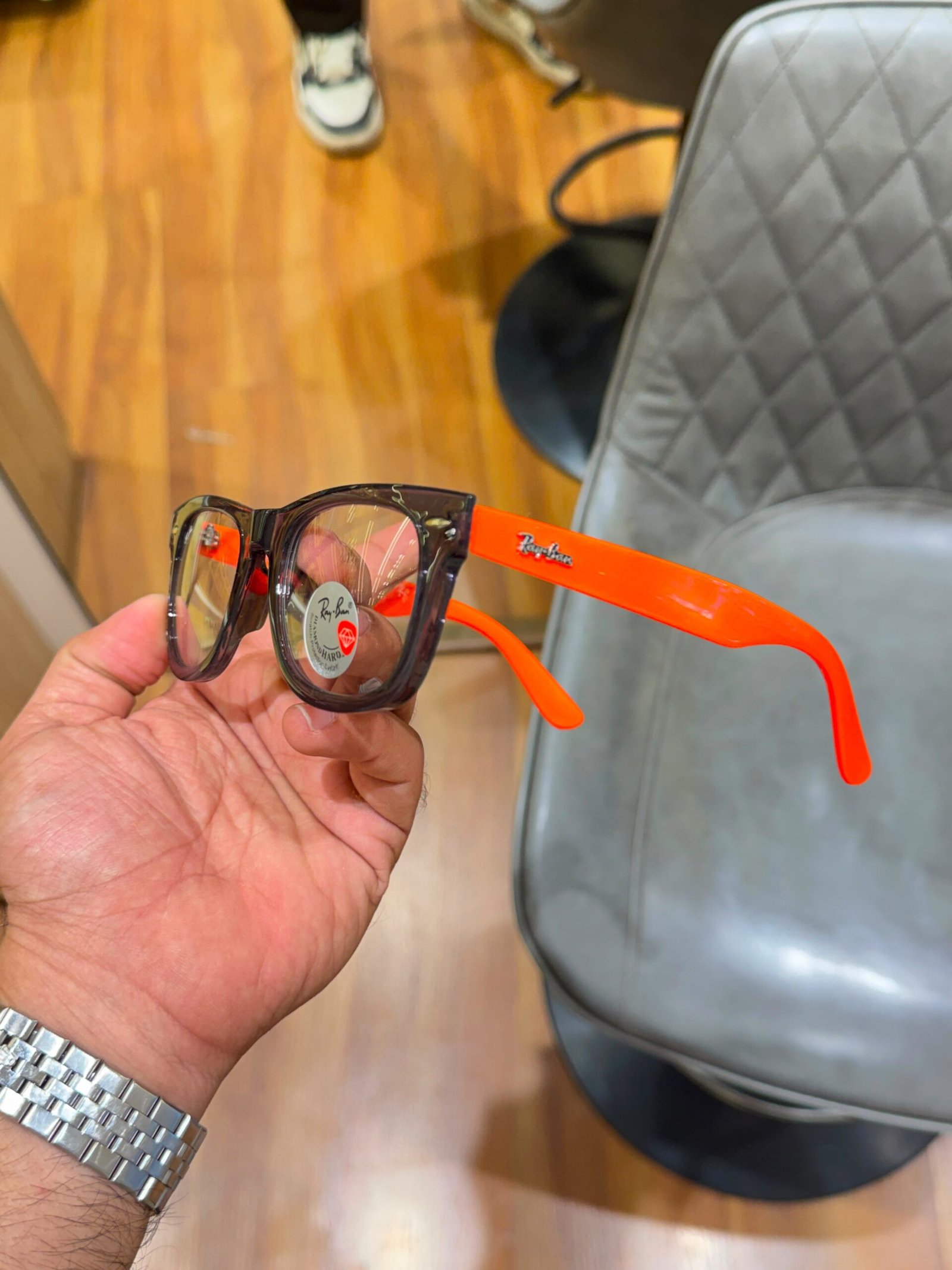 9 Ray-Ban 2140 Grey Orange Plano glasses with clear lenses