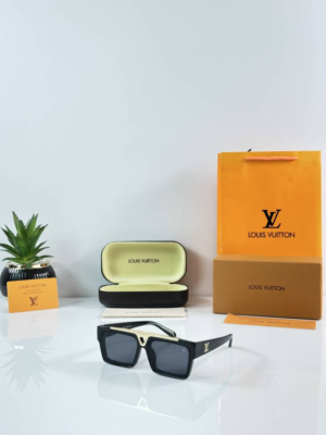 LV 1984 Gold Black sunglasses with glossy black rectangular frames, dark lenses and gold-tone detailing