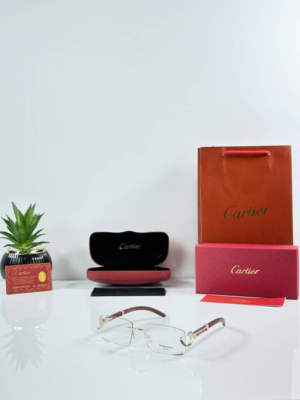 Cartiier 1055 Gold Day Night photochromic rimless glasses with wooden temples and gold-tone hinges
