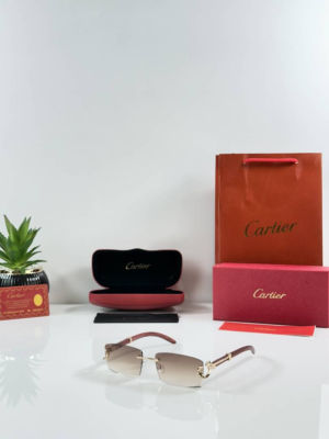 Cartiier 1055 Gold Brown rimless sunglasses with brown gradient lenses and wooden pattern temples